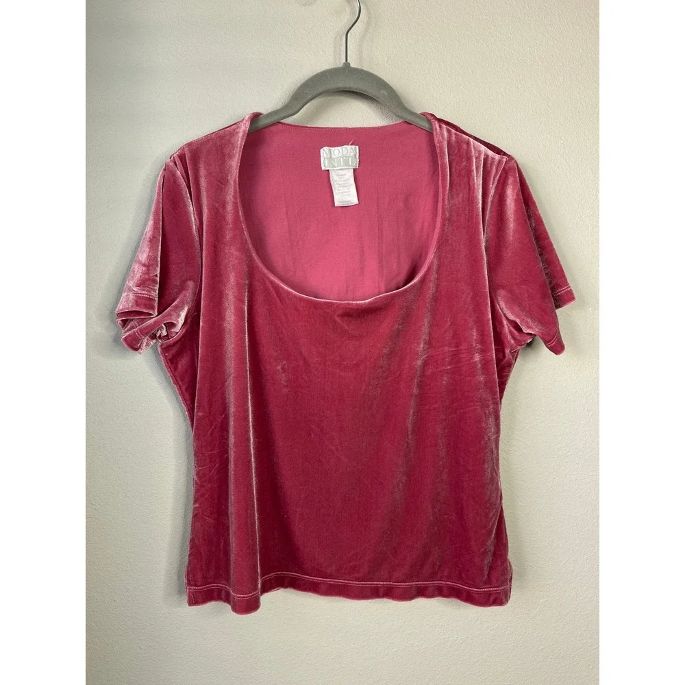 Moda International Short Sleeve Top Pink Velvet Scoop Neck Vintage 90s Y2K Large